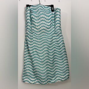 LILLY PULITZER Strapless Dress Turquoise & White Wavy Striped Daisy Pattern SZ 8